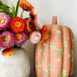 Large Paper Maché Pumpkin  - Hand Painted Orange Floral - 10" x 6"