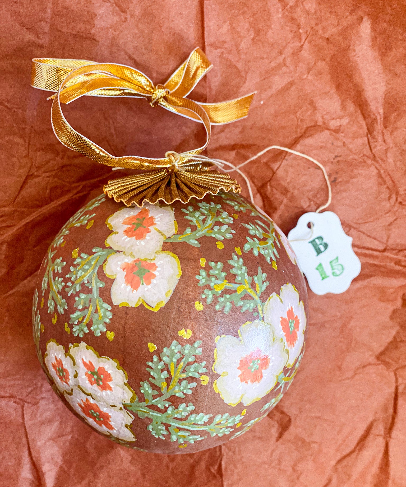 Ball Ornament Brown Cream Floral Clusters (1/2)