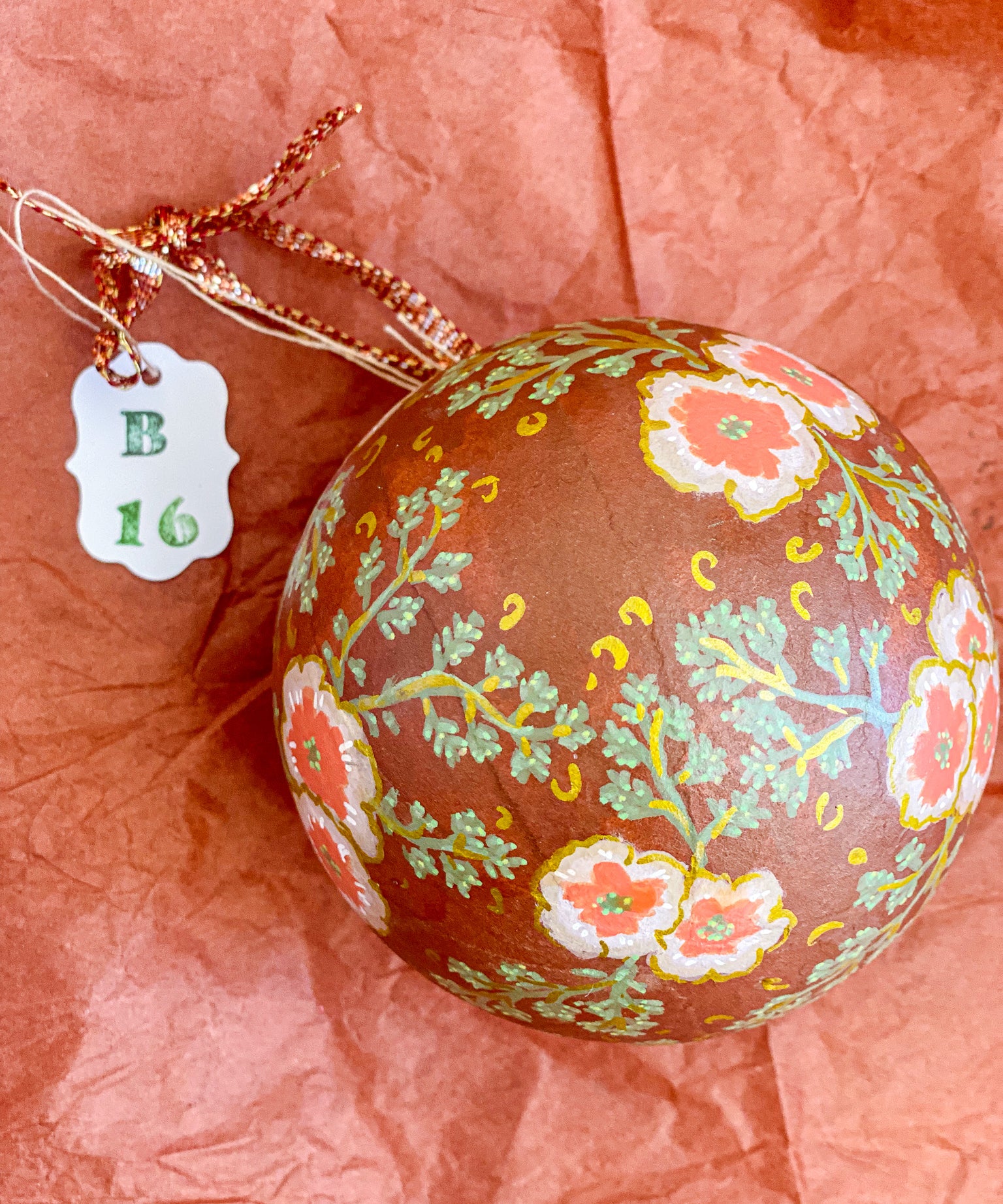 Ball Ornament Brown Cream Floral Clusters (1/2)