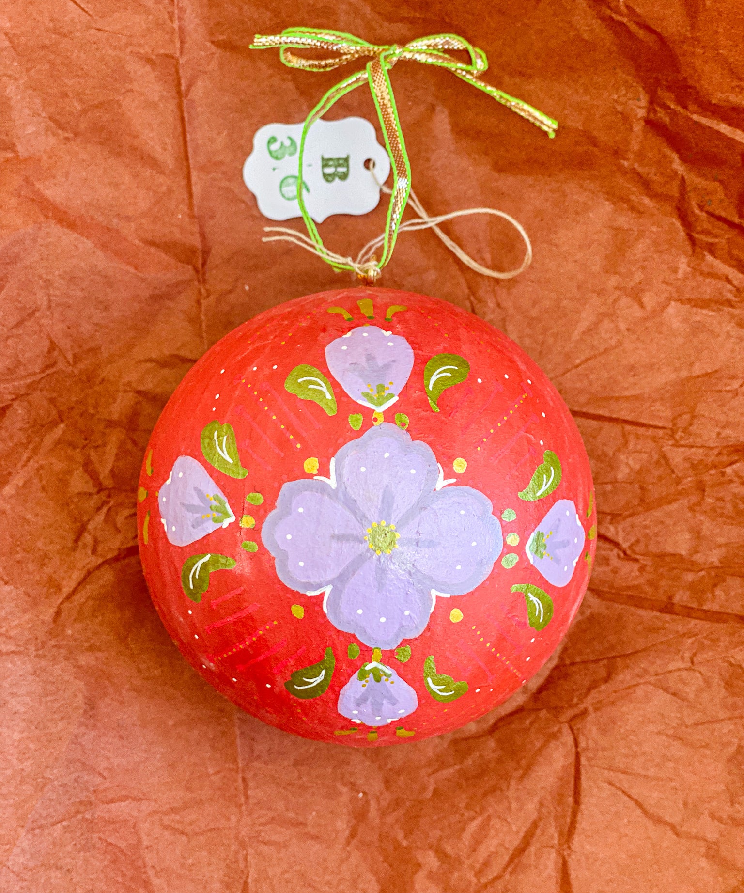 Ball Ornament Red Purple Folk Floral (1/2)
