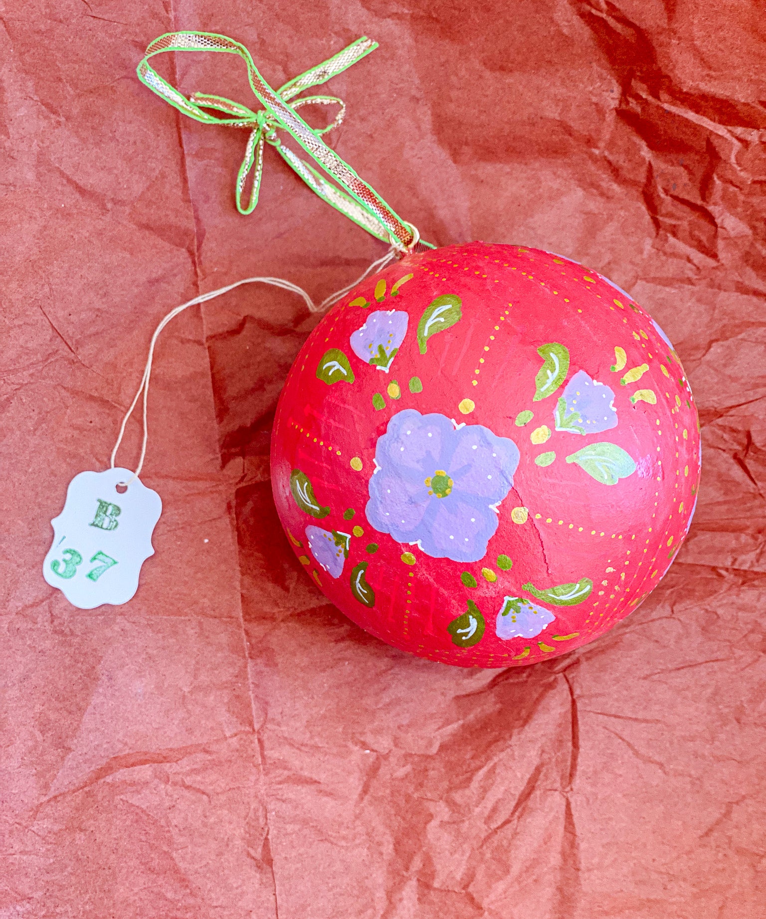 Ball Ornament Red Purple Folk Floral (1/2)