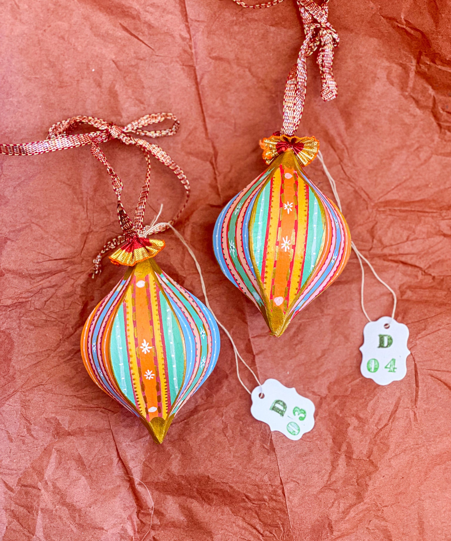 Droplet Ornament Red with Blue/Orange/Pink/Teal Stripes (1/2)