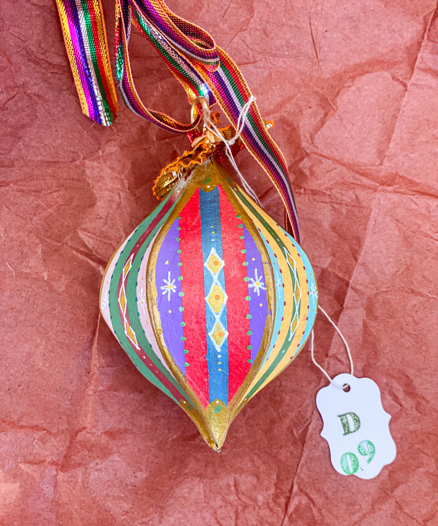 Droplet Ornament Green/Red/Yellow Multi Stripes (1/2)